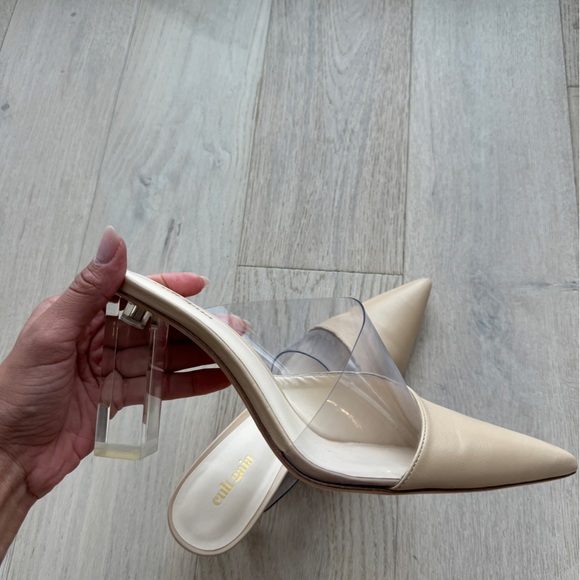 Cult Gaia Neutral Beige Leather PVC Pointed Toe Lucite Heels Mules - Picture 4 of 6